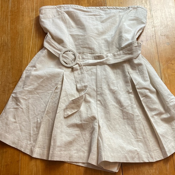 ASOS Pants - ASOS DESIGN NWOT Linen Hemp Strapless Tan Pockets Belted Romper in Oatmeal Sz 10